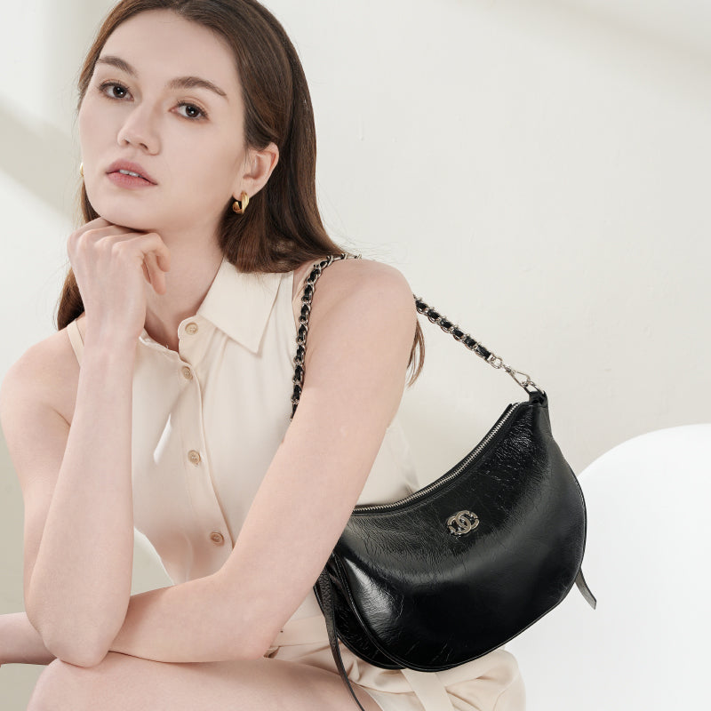 Genuine leather all-match crossbody bag, first layer cracked cowhide one-shoulder simple crescent dumpling bag