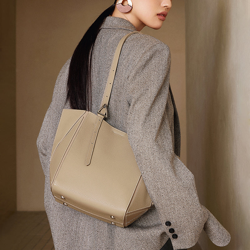 First layer cowhide tote bag genuine leather geometric bag deformable shoulder large bag