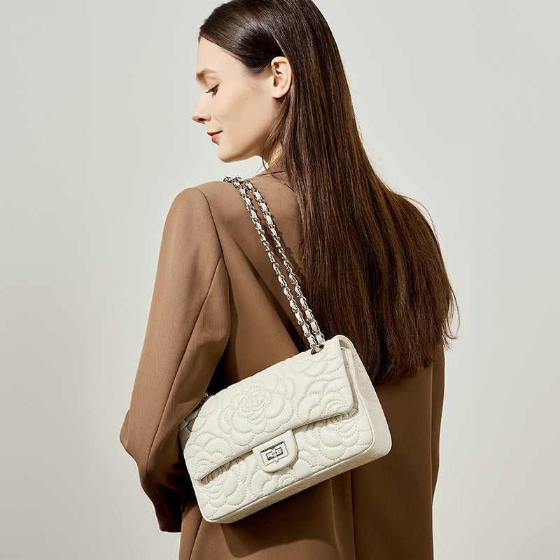 Genuine leather small Chanel style camellia shoulder bag diamond texture chain crossbody bag