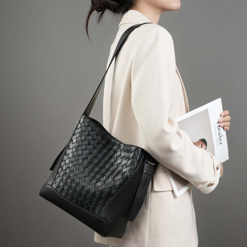Cowhide hand-woven tote bag genuine leather fashionable shoulder crossbody bag
