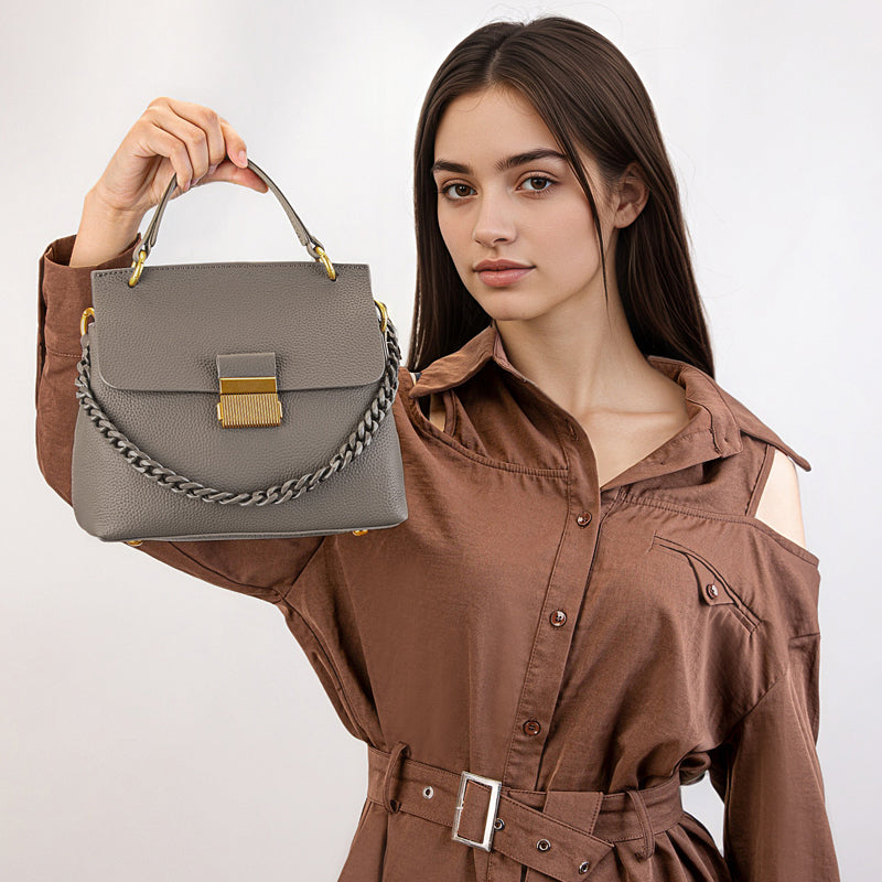 Genuine leather shoulder bag, shell chain bag, textured flip crossbody bag, large capacity commuter handbag