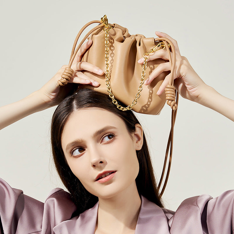 Korean style genuine leather bucket bag cowhide chain cloud bag versatile cowhide women's bag