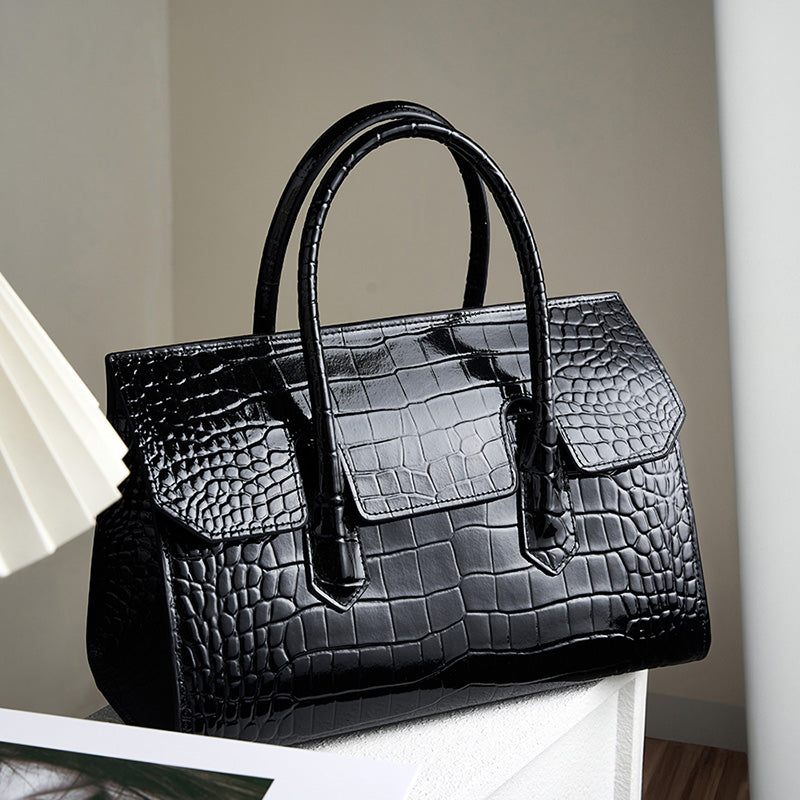 Genuine leather Boston shoulder bag crocodile pattern handbag large bag light luxury simple crossbody bag