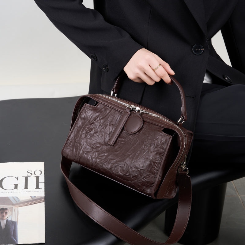 Genuine leather high-end Boston bag light luxury wrinkled cowhide handbag shoulder crossbody bag