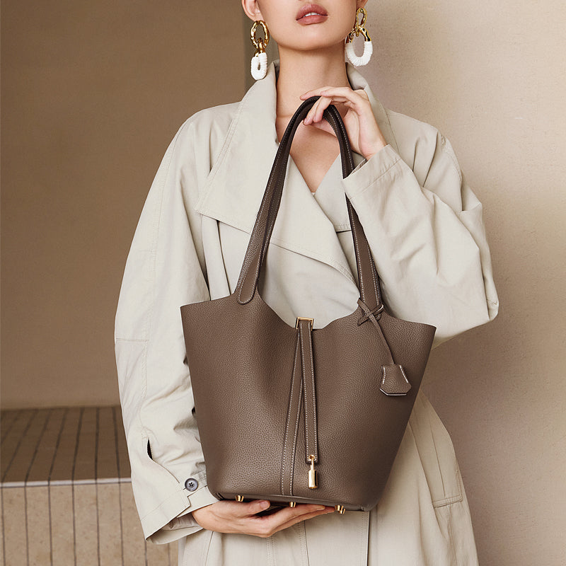 Genuine leather extra large TC first layer cowhide bucket bag simple portable shoulder bucket bag