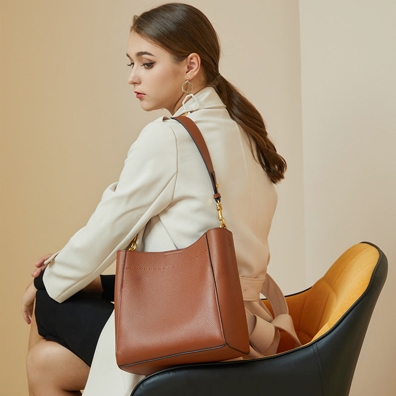 Vintage genuine leather all-match tote bag bucket bag