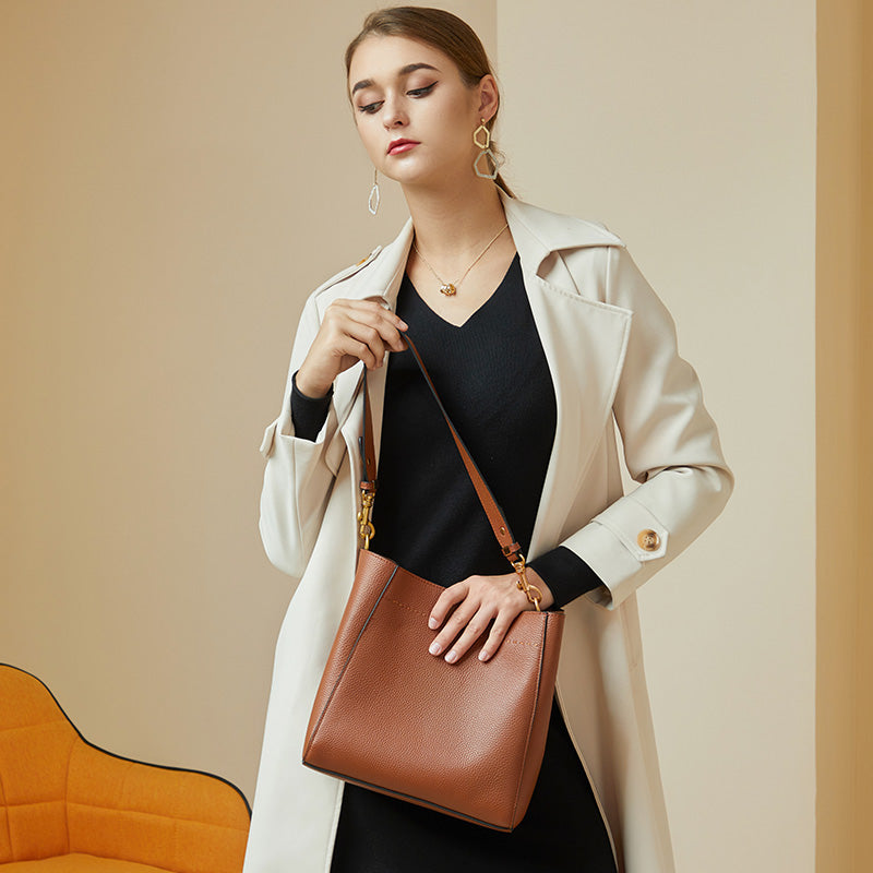 Vintage genuine leather all-match tote bag bucket bag