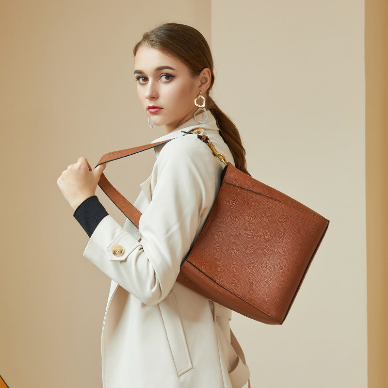 Vintage genuine leather all-match tote bag bucket bag