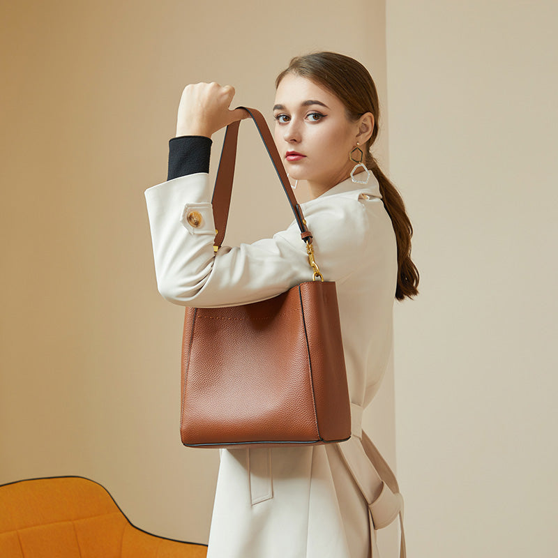 Vintage genuine leather all-match tote bag bucket bag