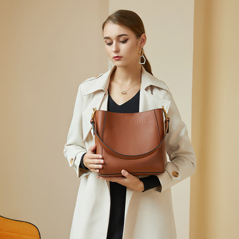 Vintage genuine leather all-match tote bag bucket bag
