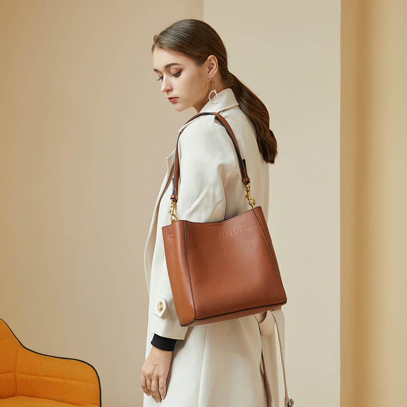 Vintage genuine leather all-match tote bag bucket bag