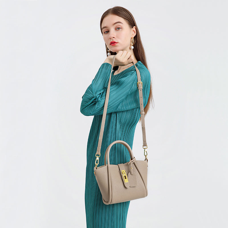 Genuine leather fashion bucket bag versatile textured handbag crossbody bag