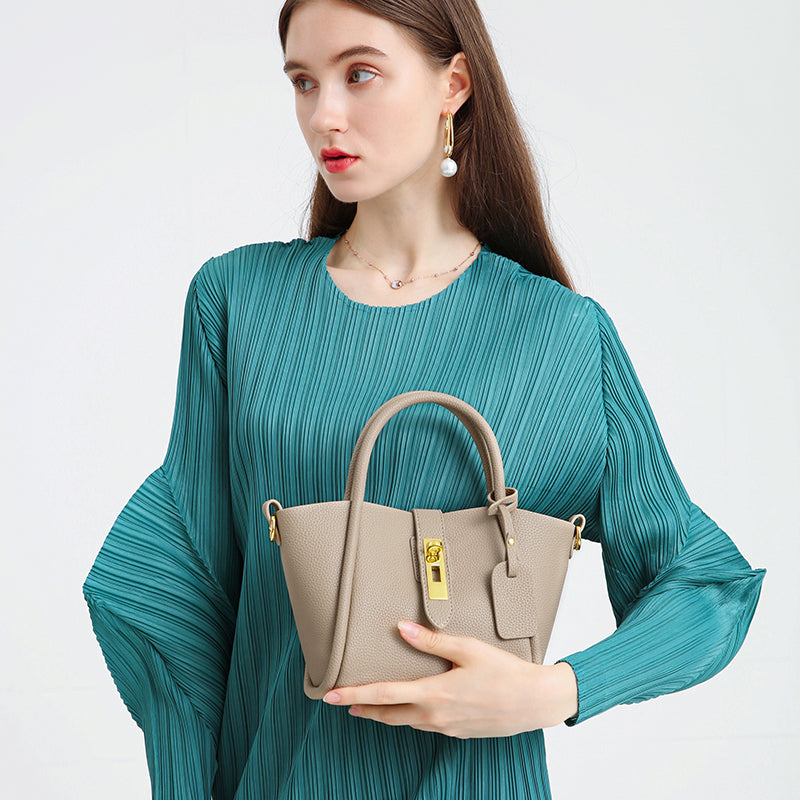 Genuine leather fashion bucket bag versatile textured handbag crossbody bag