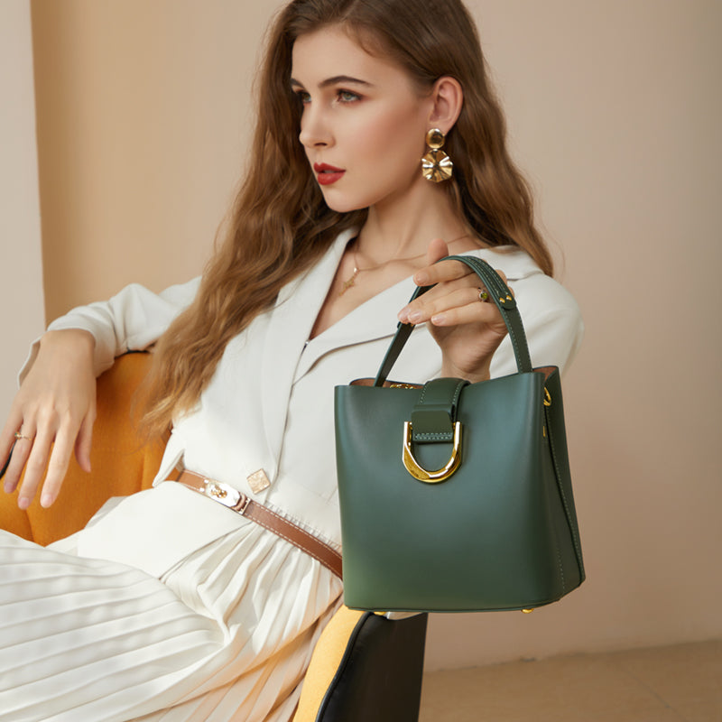 Genuine leather versatile bucket bag fashionable commuter handbag shoulder messenger bag