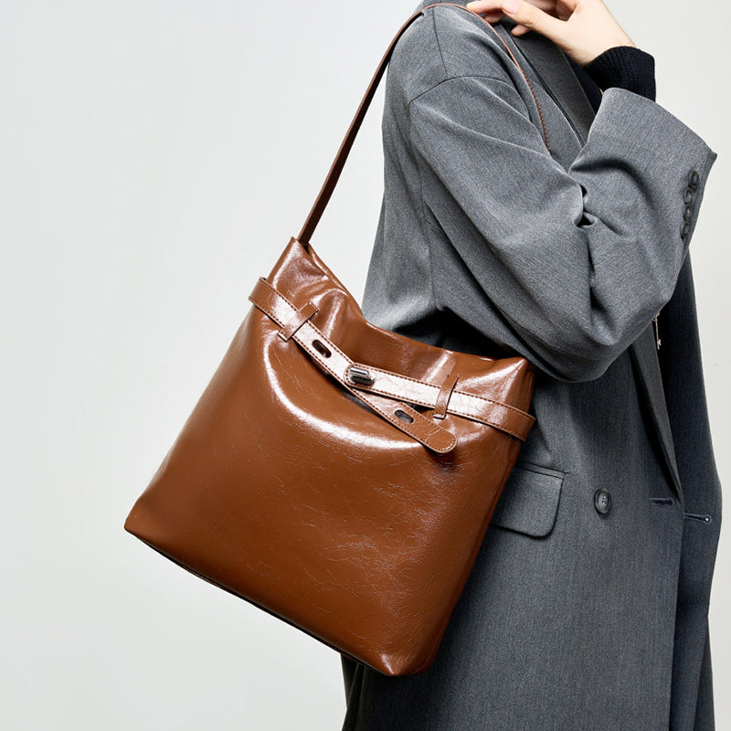 Genuine leather waxed tote bag women's bag large capacity shoulder bag commuter underarm bag original design