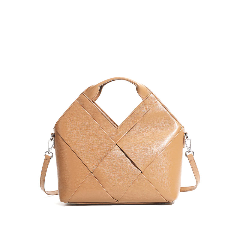 Top layer genuine leather woven handbag inverted triangle design fashionable soft leather handbag crossbody bag for women