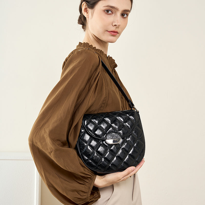 Genuine leather niche semi-circular saddle bag diamond-shaped underarm bag shoulder crossbody bag