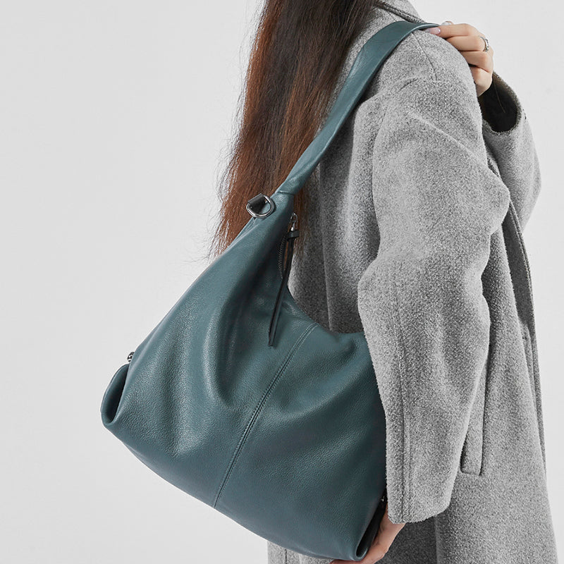 Genuine leather large capacity tote bag stylish trendy solid color casual commuter shoulder bag