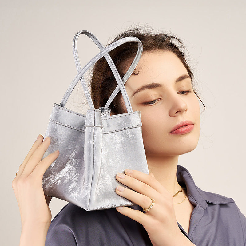 Genuine leather bucket bag new Chinese style niche satin cowhide shoulder crossbody wing bag