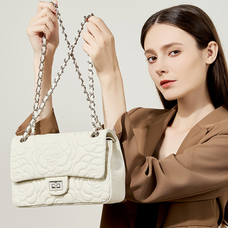 Genuine leather small Chanel style camellia shoulder bag diamond texture chain crossbody bag