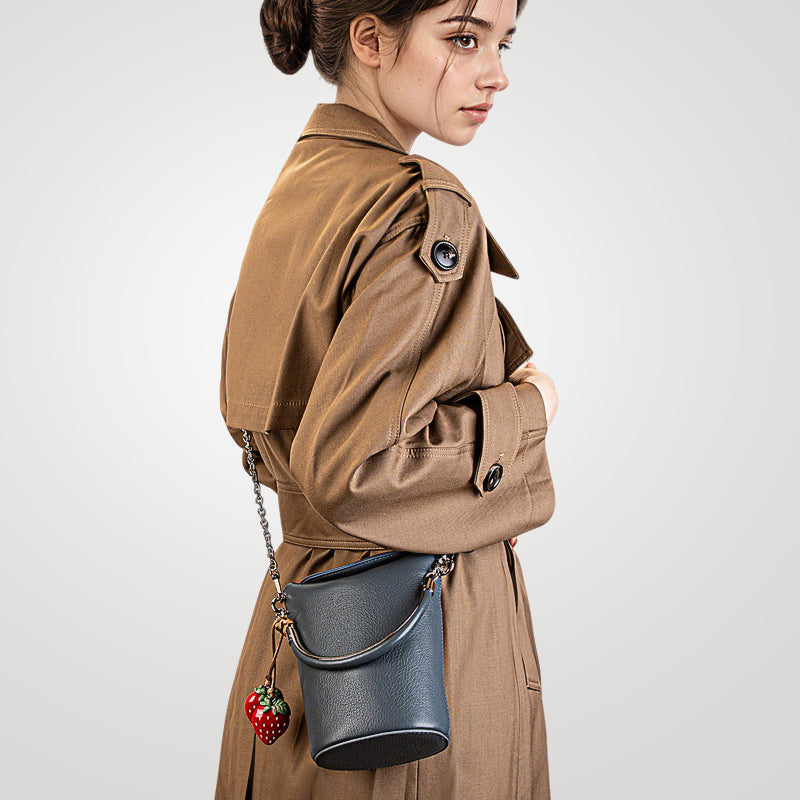 Genuine leather high-end retro Maillard mobile phone bag shoulder crossbody bucket bag