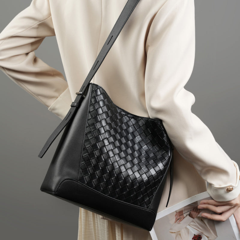Cowhide hand-woven tote bag genuine leather fashionable shoulder crossbody bag