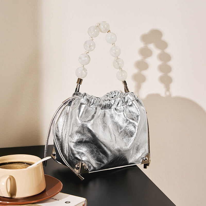 Genuine leather new Chinese style beaded handbag first layer cowhide wrinkled shoulder crossbody bag