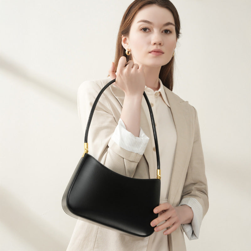 Genuine leather simple shoulder bag versatile baguette bag French style underarm retro women's bag