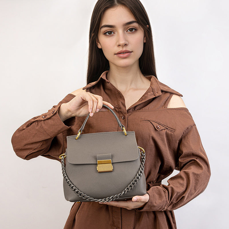 Genuine leather shoulder bag, shell chain bag, textured flip crossbody bag, large capacity commuter handbag