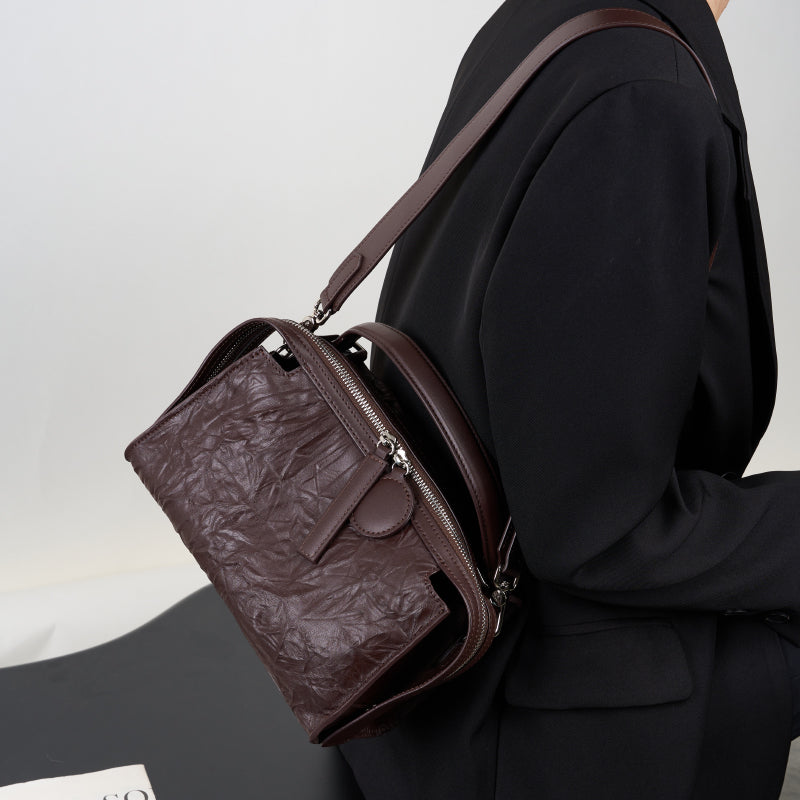 Genuine leather high-end Boston bag light luxury wrinkled cowhide handbag shoulder crossbody bag