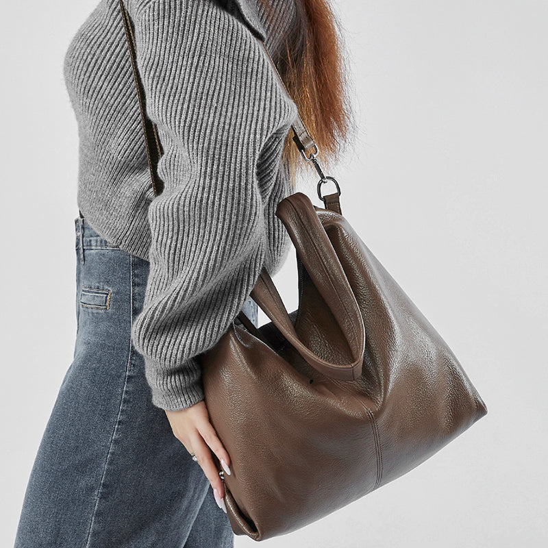 Genuine leather large capacity tote bag stylish trendy solid color casual commuter shoulder bag