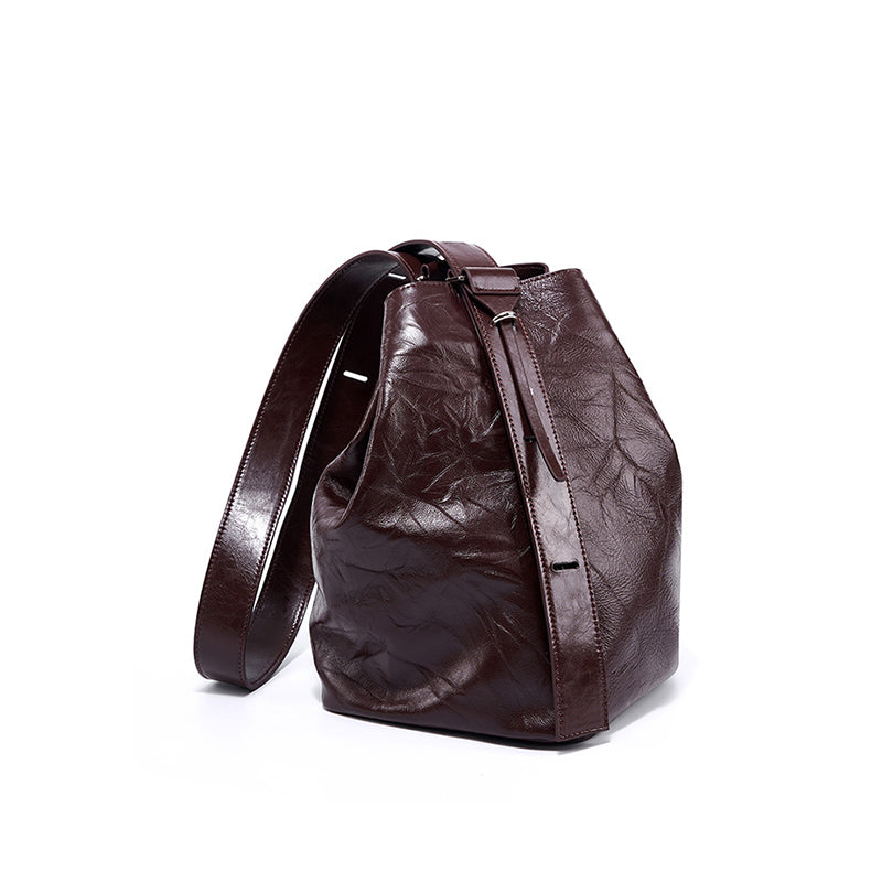 Lazy and comfortable wrinkled bucket bag first layer cowhide women's high-grade tote bag