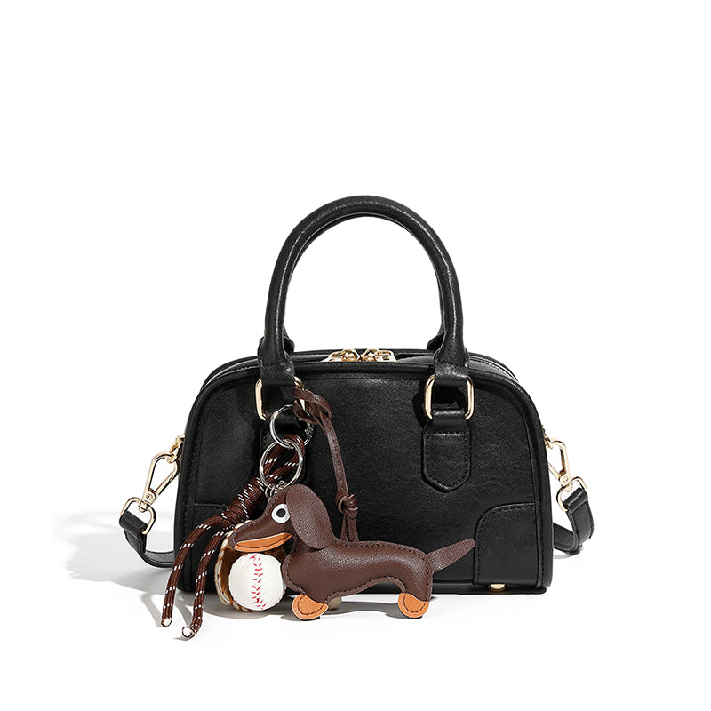 Genuine leather Boston handbag commuter versatile bowling bag niche doll pendant crossbody shoulder bag