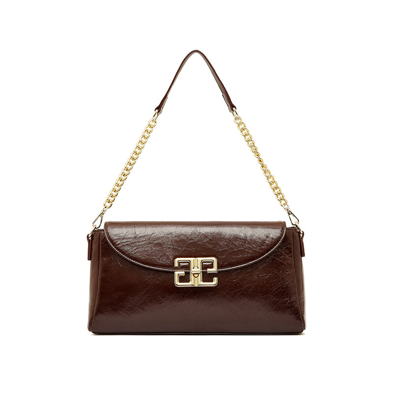 Genuine leather first layer oil wax shoulder bag cowhide fashionable light luxury crossbody bag