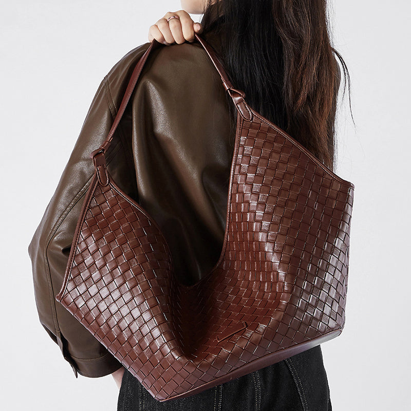Cowhide Woven Tote Bag Underarm Shoulder Bag
