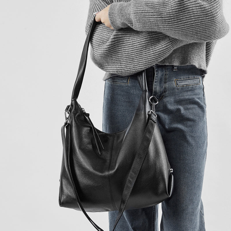 Genuine leather large capacity tote bag stylish trendy solid color casual commuter shoulder bag