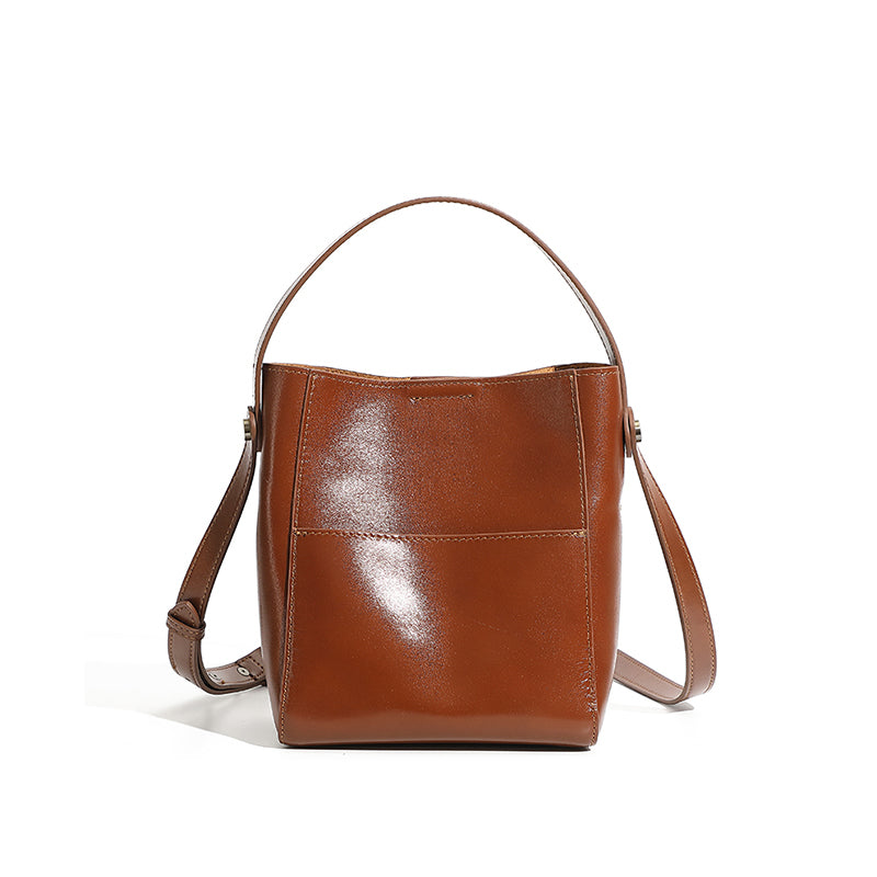 Genuine leather vintage vegetable tanned cowhide bucket bag niche pocket handbag shoulder bag versatile crossbody bag women's bag
