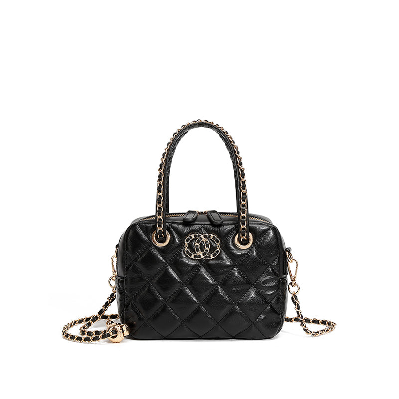 Genuine leather small Chanel diamond bag handbag high-end first layer chain bowling bag versatile shoulder crossbody bag