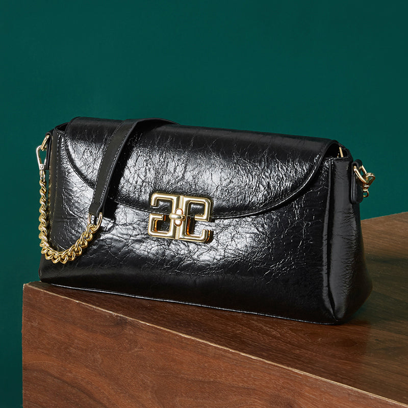 Genuine leather first layer oil wax shoulder bag cowhide fashionable light luxury crossbody bag
