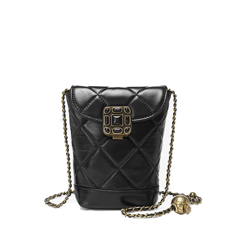 Genuine leather chain small Chanel style diamond gemstone crossbody mobile phone bag