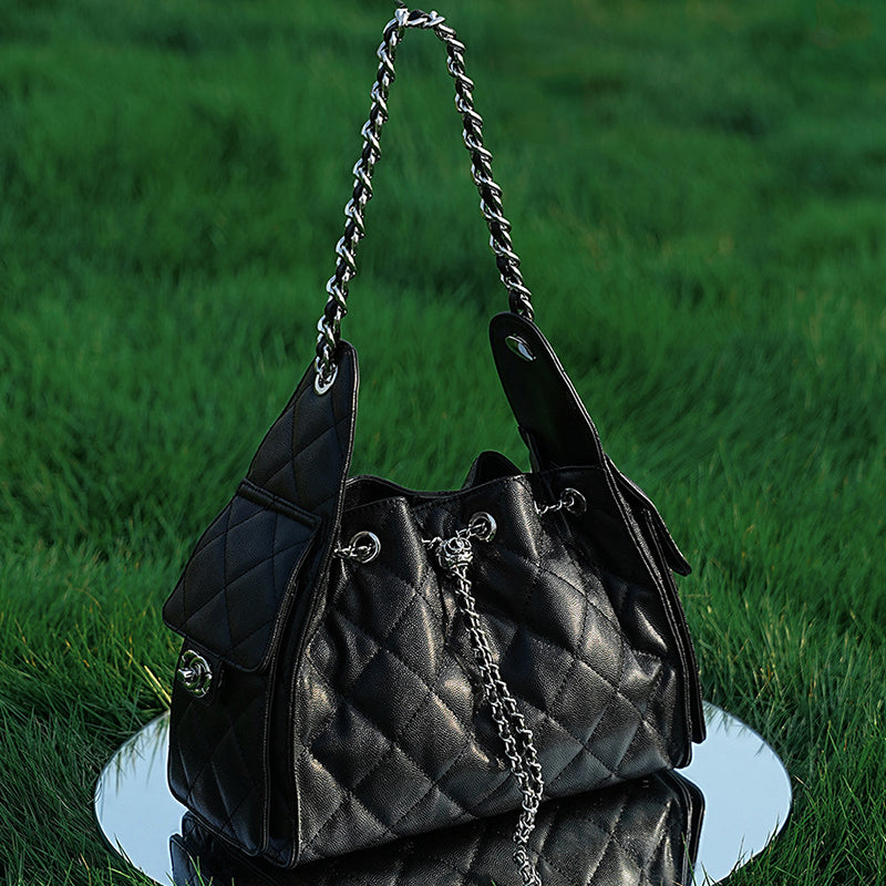 Diamond-patterned genuine leather shoulder underarm bag caviar pattern large-capacity hobo bag bucket drawstring bag chain women's bag