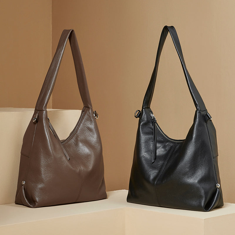 Genuine leather large capacity tote bag stylish trendy solid color casual commuter shoulder bag