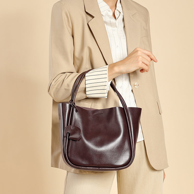 Cowhide shoulder bucket bag genuine leather handbag fashionable shoulder tote bag