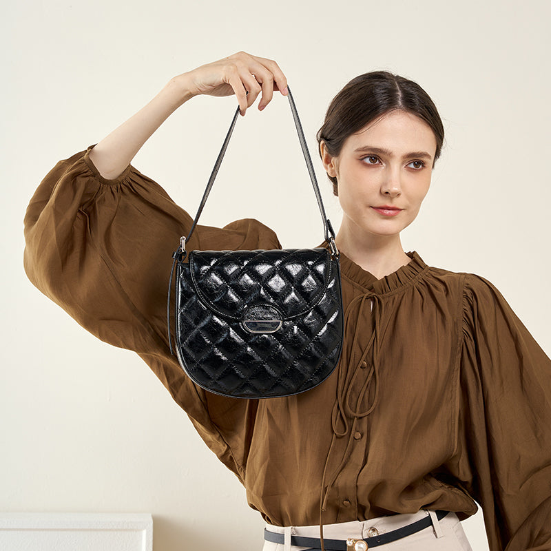 Genuine leather niche semi-circular saddle bag diamond-shaped underarm bag shoulder crossbody bag