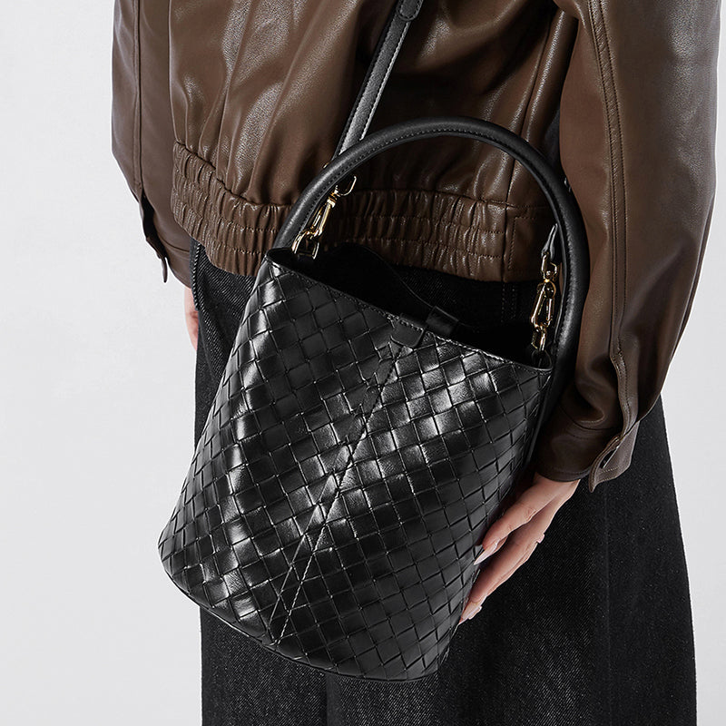 Genuine leather high-end bucket bag versatile woven light luxury shoulder crossbody bag