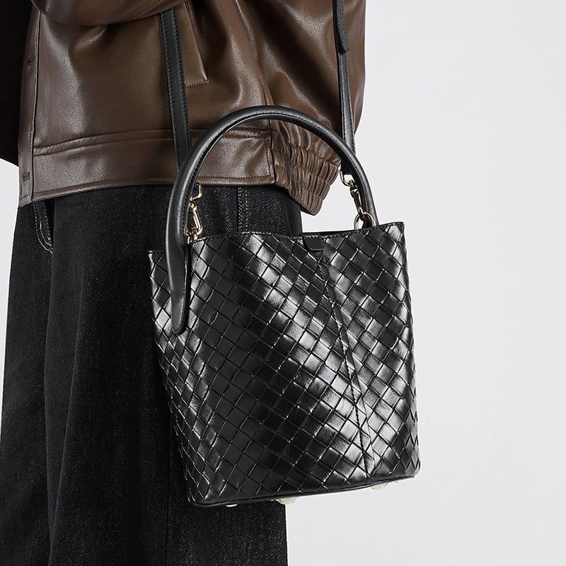 Genuine leather high-end bucket bag versatile woven light luxury shoulder crossbody bag