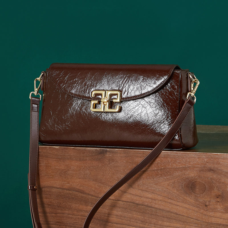 Genuine leather first layer oil wax shoulder bag cowhide fashionable light luxury crossbody bag
