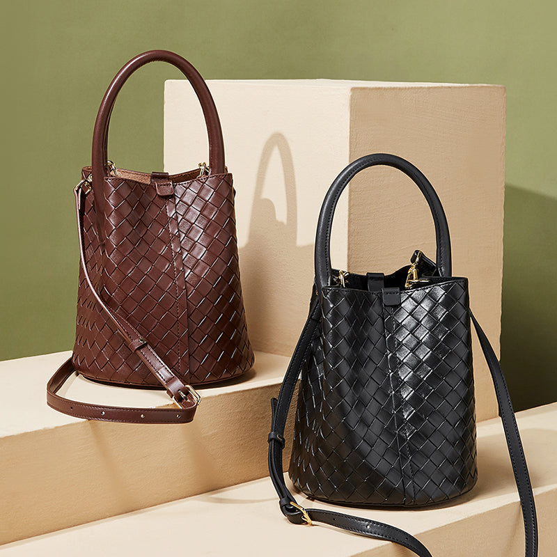 Genuine leather high-end bucket bag versatile woven light luxury shoulder crossbody bag