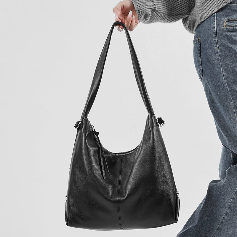 Genuine leather large capacity tote bag stylish trendy solid color casual commuter shoulder bag