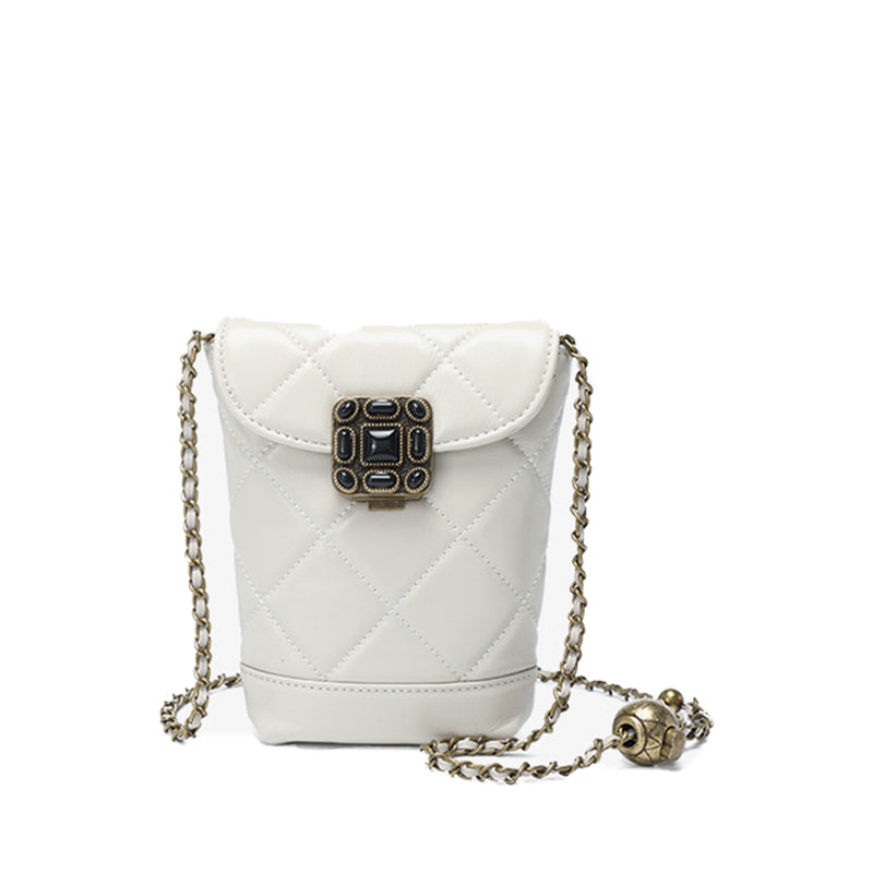 Genuine leather chain small Chanel style diamond gemstone crossbody mobile phone bag